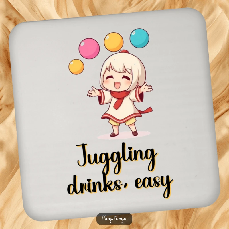 Funny drink coaster with a character playfully juggling colorful dango balls, adding whimsical charm to your tabletop.