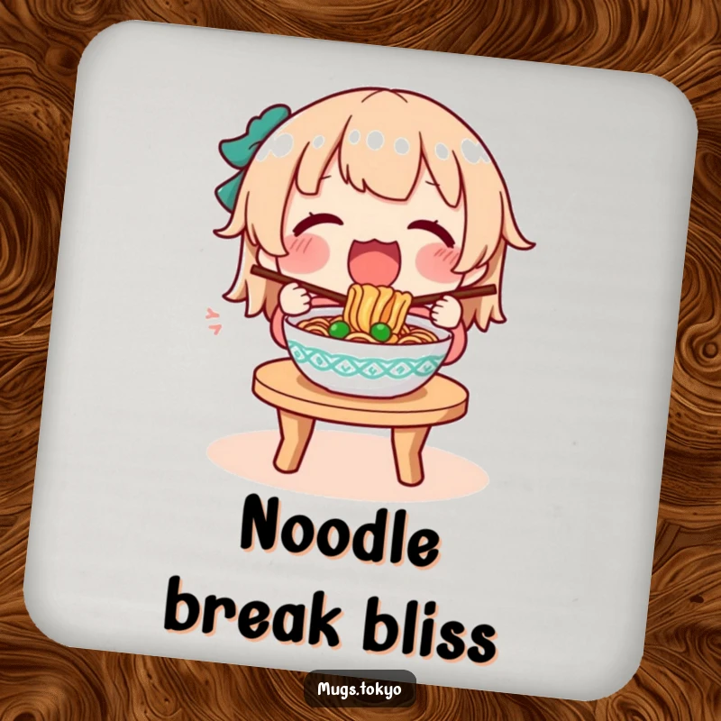 Funny drink coaster illustration of a character happily eating a steaming bowl of noodles, protecting surfaces with humor.