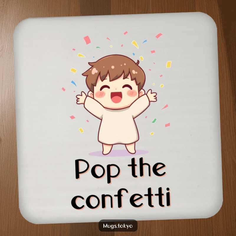 Funny coaster with a cheerful character joyfully tossing colorful confetti, protecting surfaces with a festive vibe.