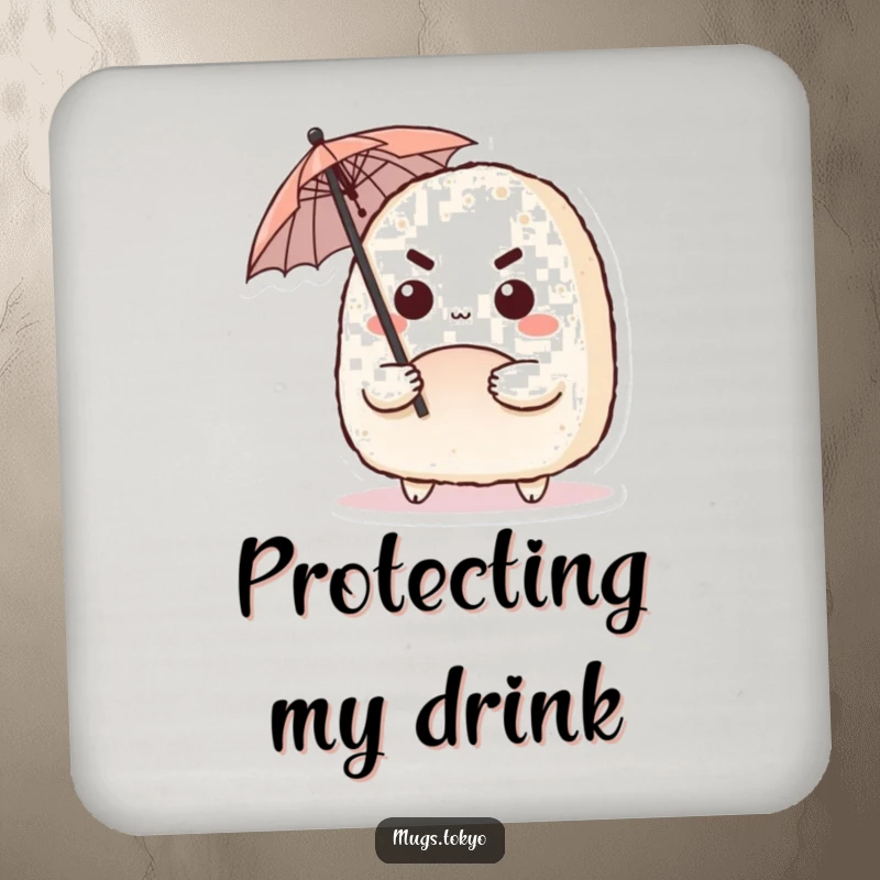 Funny drink coaster with a cute onigiri character with a determined expression, wielding a tiny umbrella, adding prepared humor.