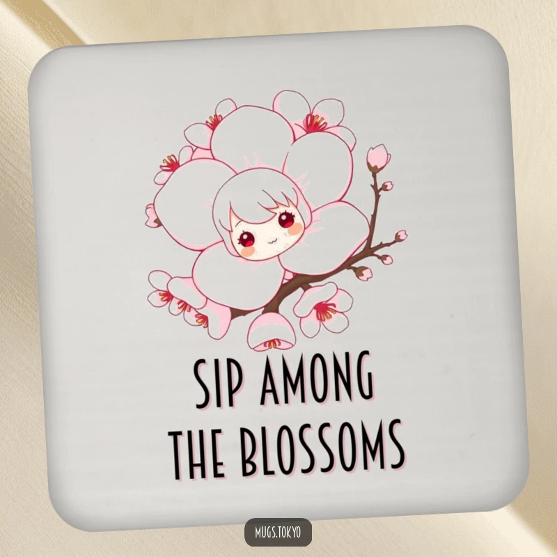 Funny drink coaster showing a playful character peeking from behind a stylized cherry blossom, protecting surfaces with humorous cuteness.