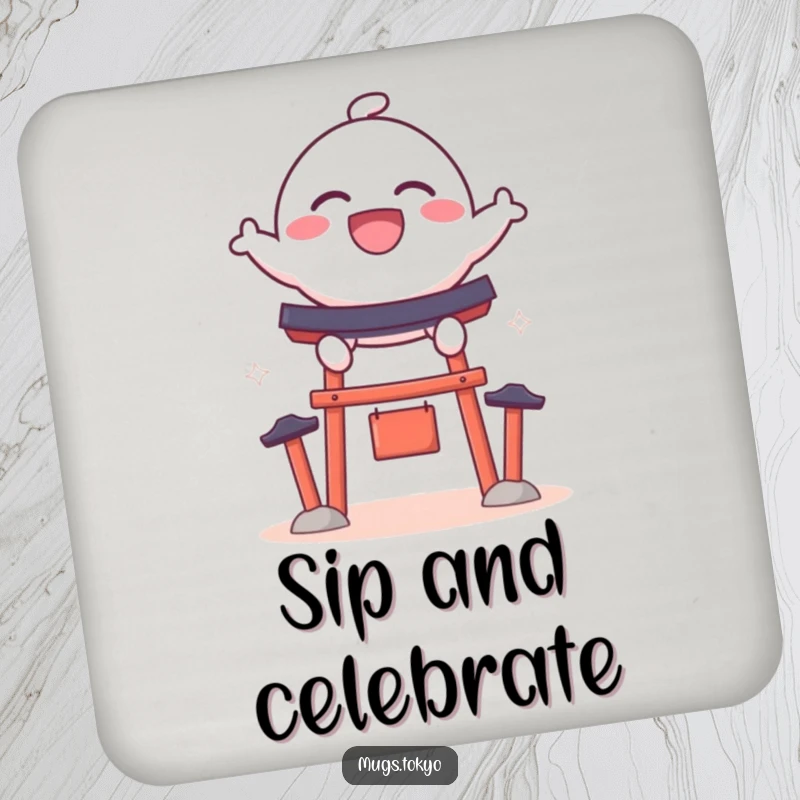 Funny drink coaster with a bouncy dango character with a wide grin, leaping over a miniature shrine gate, adding joyful decor.