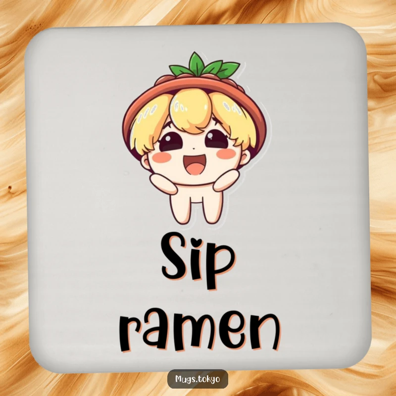 Funny drink coaster featuring a character wearing a ramen bowl hat, beaming with delight. Humorous and functional home accessory.