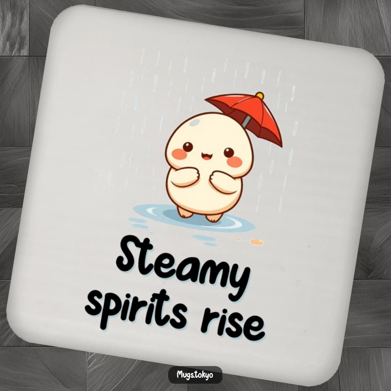 Funny cute dumpling character holding a tiny red umbrella, protecting drinks on a coaster.