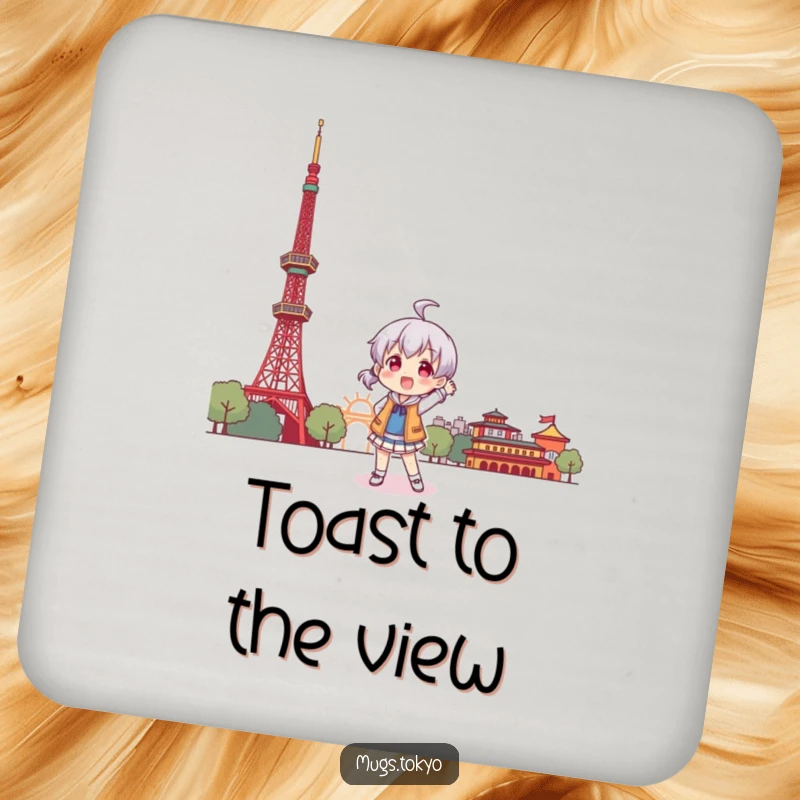 Funny drink coaster with a character playfully posing in front of a stylized Tokyo Tower, adding humor.