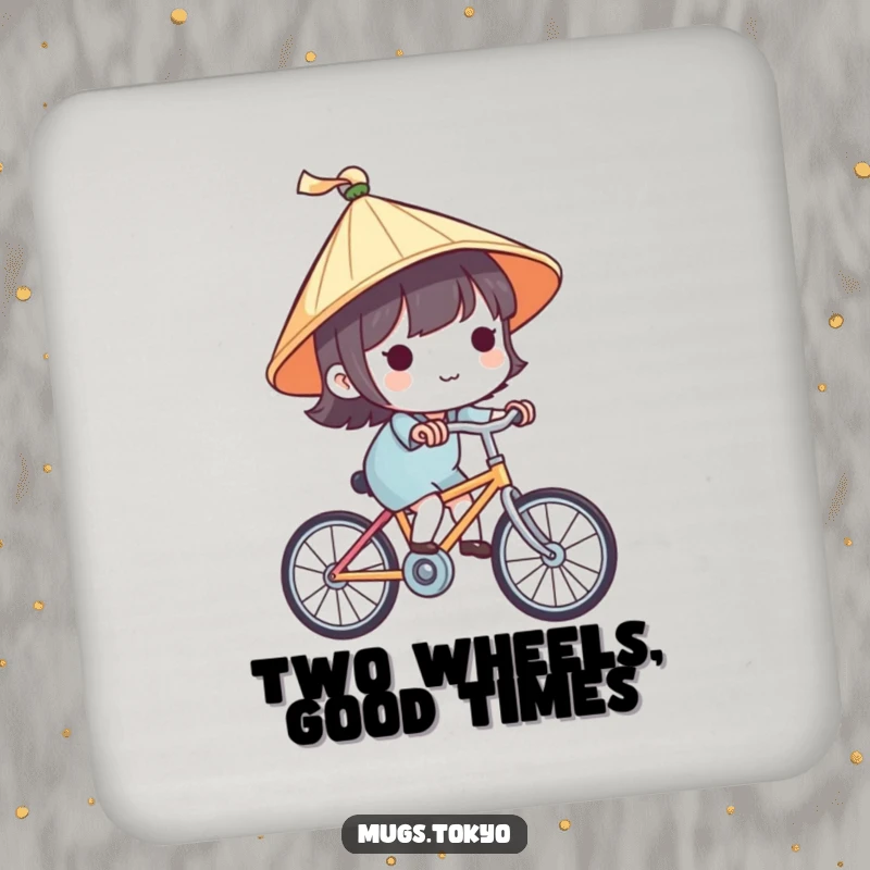 Funny coaster featuring a cute character in a Japanese hat, happily cycling, protecting furniture with travel-themed charm.