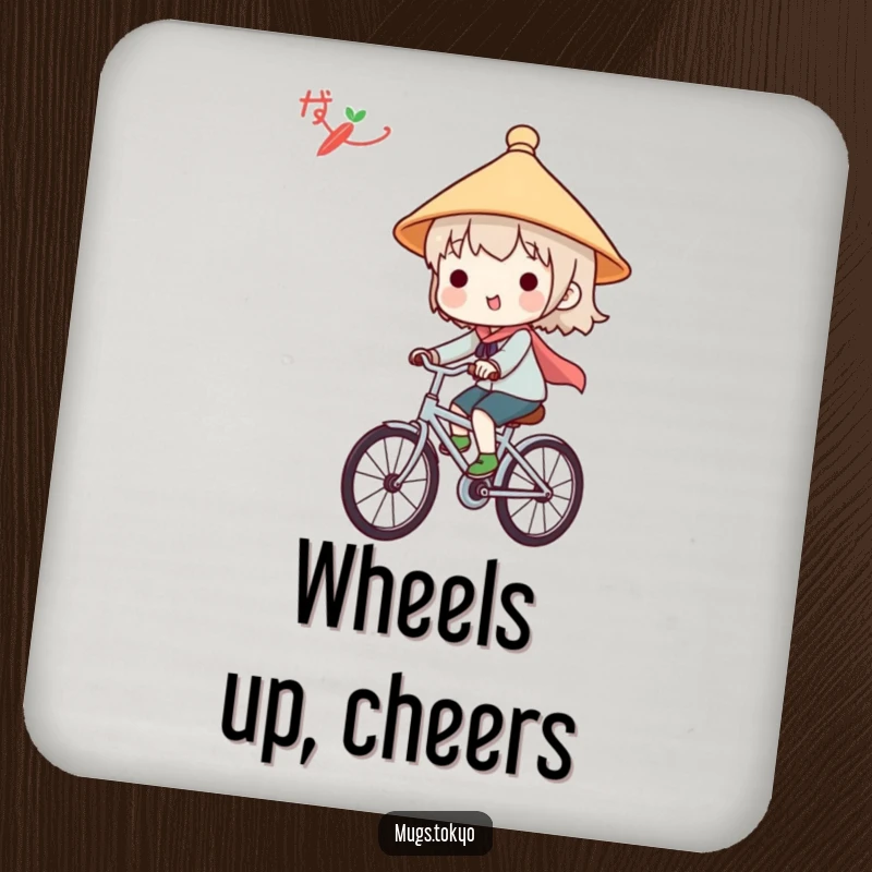 Funny coaster featuring a cute character in a Japanese hat, joyfully riding a bicycle, protecting surfaces with humor.
