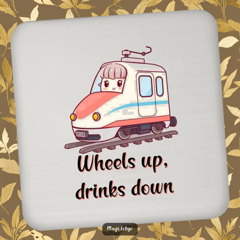 Funny coaster depicting a character on a miniature bullet train, protecting surfaces with speed and humor.