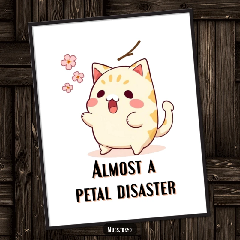 Funny poster of a surprised taiyaki character with wagging tail, narrowly dodging a falling cherry blossom, creating a humorous scene.