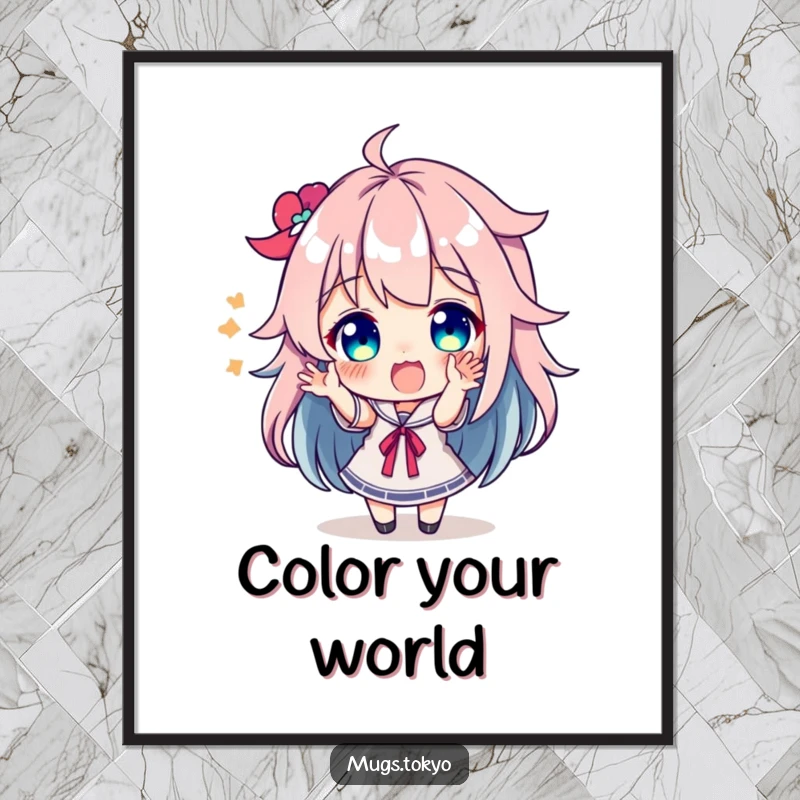 Funny character with bright, colorful hair making animated, excited gestures, presented as vibrant and humorous wall art.