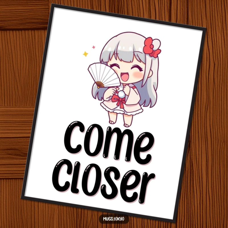 Funny poster showing a cheerful character with a paper fan, playfully beckoning. Artistic and humorous wall decor.