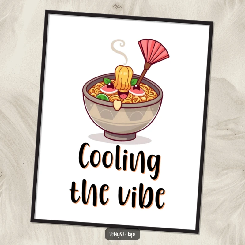 Funny happy ramen bowl character with steam rising, waving a tiny fan, presented as wall art.
