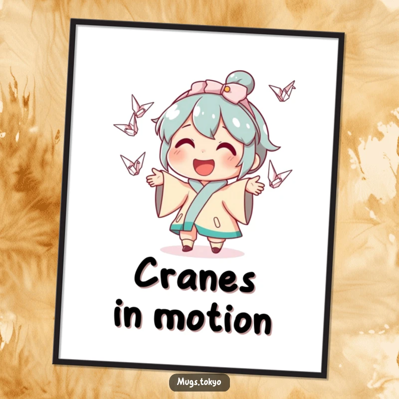 Funny poster print showcasing a character with a huge smile, expertly juggling a cascade of small, detailed origami cranes in a vibrant style.