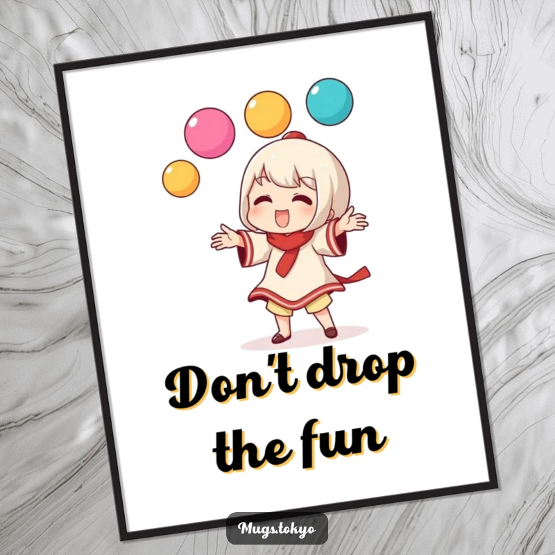 Funny poster artwork of a character playfully juggling three vibrant dango balls, showcasing whimsical skill.