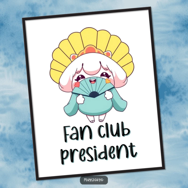 Funny poster art of a character with a wide smile, holding a gigantic novelty fan, bringing cool humor to any wall.