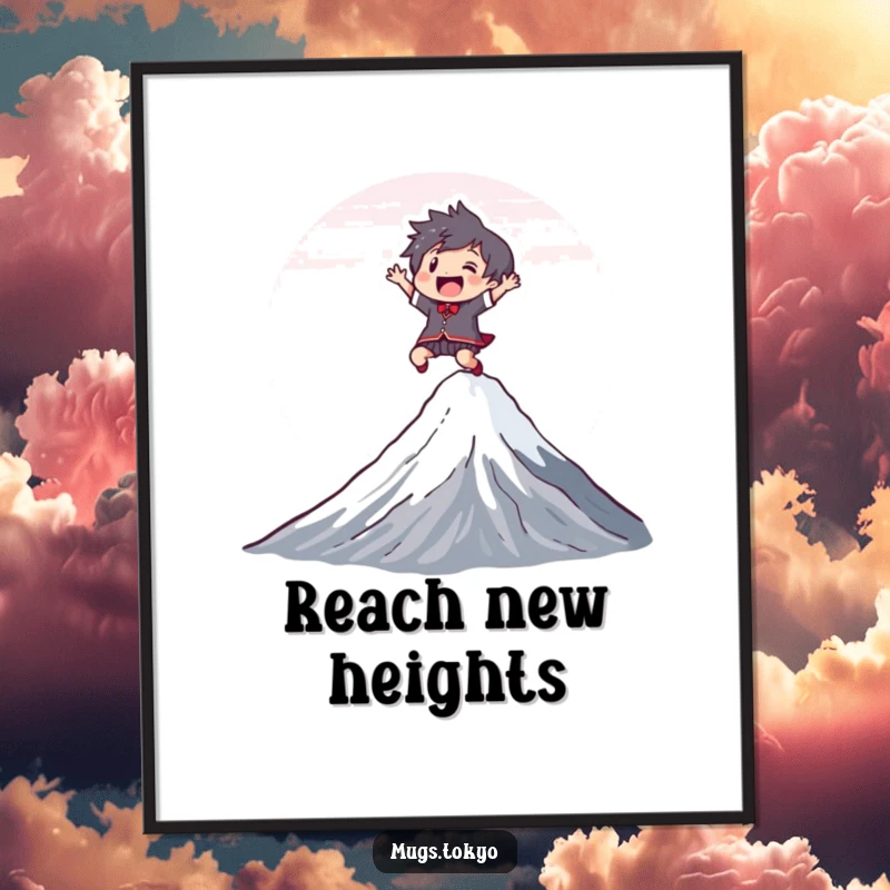Funny Poster of a joyful character leaping over a stylized Mount Fuji, perfect for dynamic and humorous wall art.