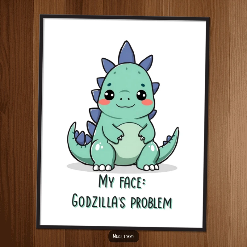 Funny poster of a character making a silly face to playfully startle a small, cartoonish Godzilla, humorous wall decor.