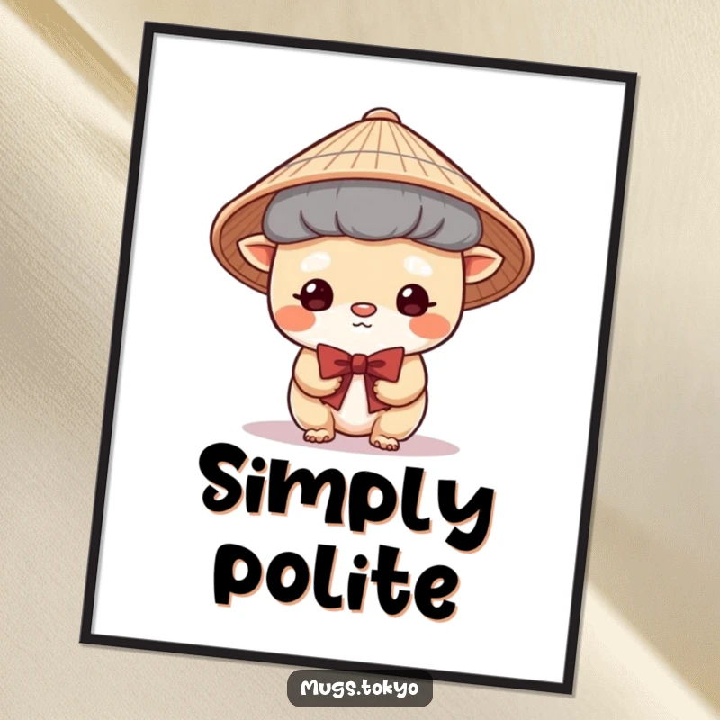 Funny Poster depicting a cute creature in a traditional Japanese hat bowing shyly, evoking feelings of politeness, warmth, and gentle humor.
