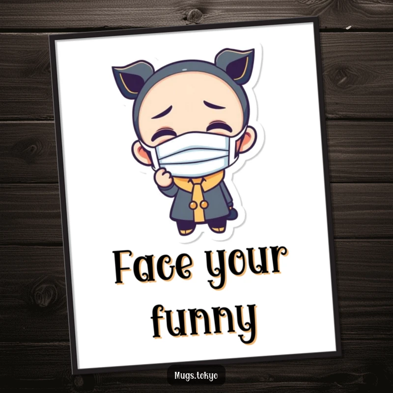 Funny poster artwork of a character wearing a tiny mask and making a wonderfully funny and silly face.