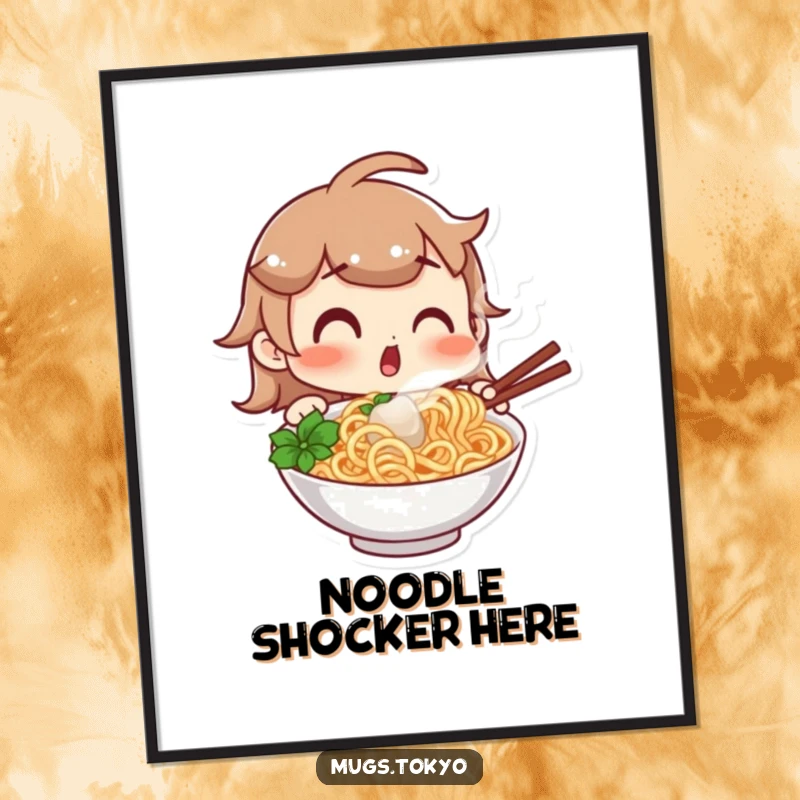Funny poster art of a character with a comically surprised expression, gazing at a steaming bowl of mouthwatering noodles, capturing the joy of culinary discovery.