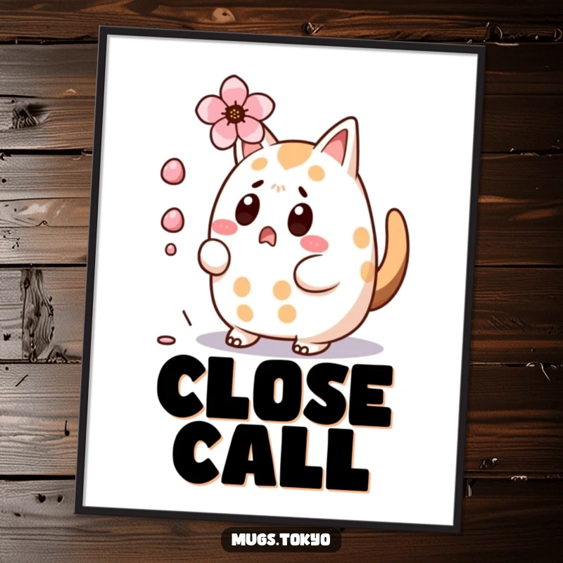 Funny Taiyaki Poster: Surprised character, tail wagging, evading a falling cherry blossom, vibrant and amusing wall decor.