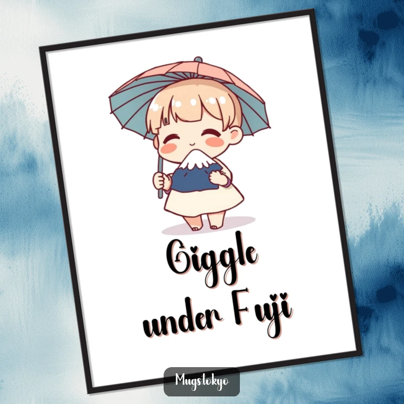 Funny poster print of a character holding a miniature Mount Fuji umbrella and giggling gleefully, perfect wall decor.