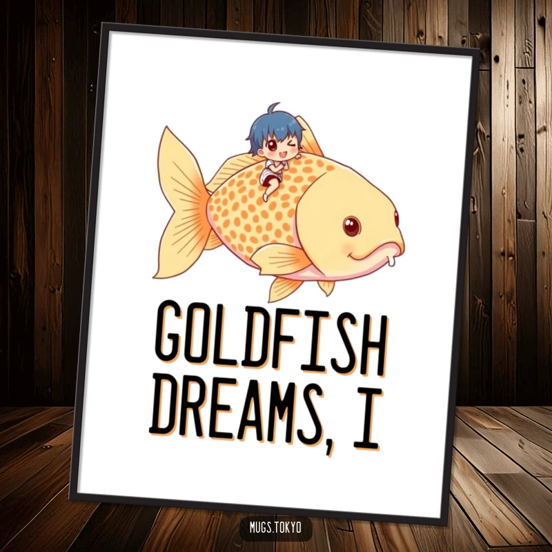 Funny poster print of a small, happy character riding a giant goldfish, bringing whimsical charm and humor to any room.