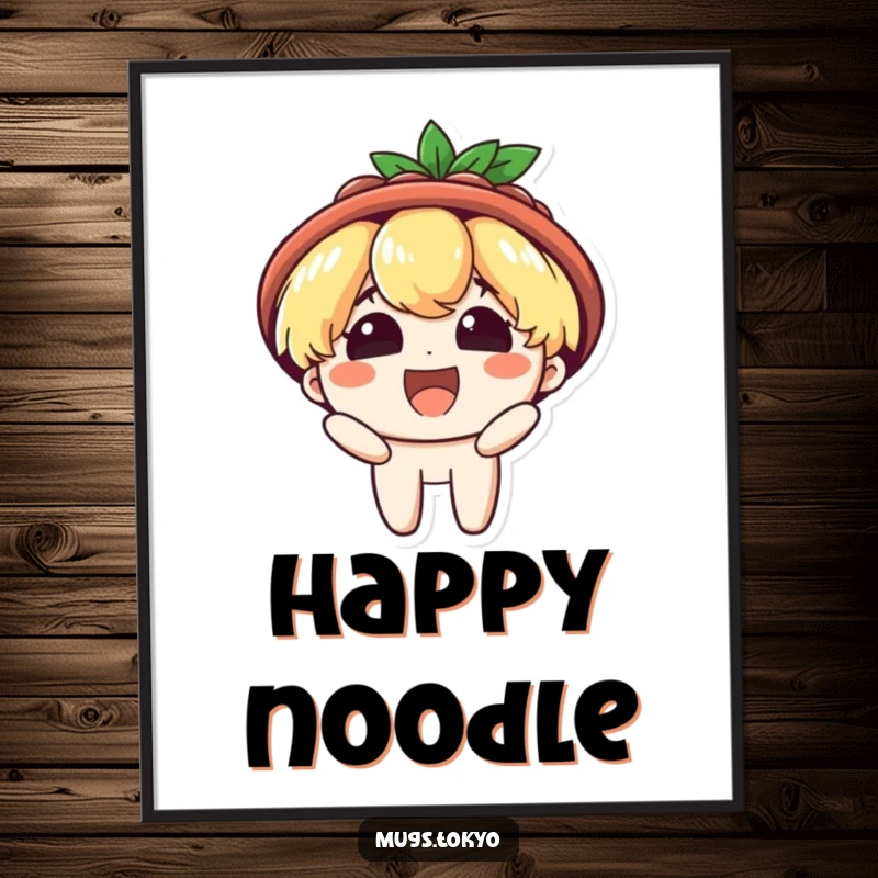 Funny poster featuring a character with a ramen bowl hat, beaming with delight. Food-themed and humorous wall art.