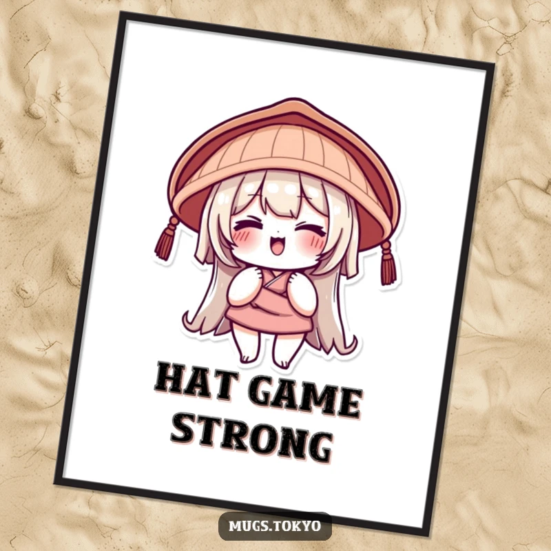 Funny Poster of a character in a traditional Japanese hat giving a playful wink, perfect for whimsical and humorous wall art.