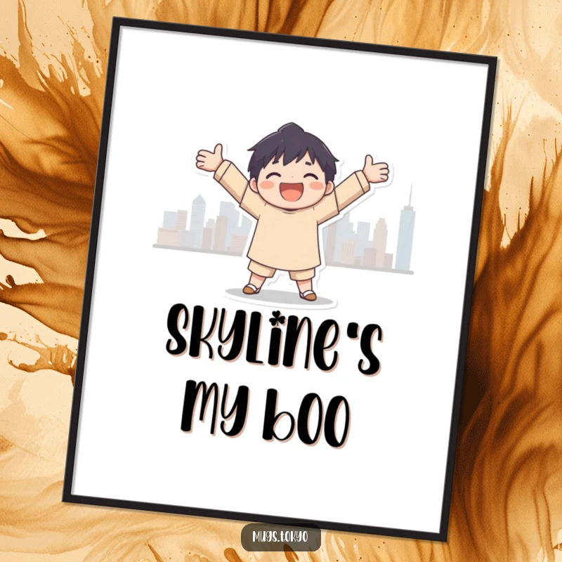 Funny city embrace poster, a character joyfully embracing a city skyline silhouette, a vibrant and humorous piece of art.