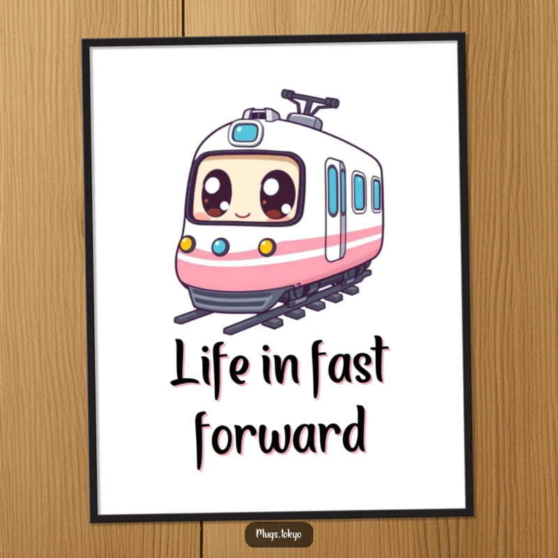 Funny Poster: Expressive eyed character joyfully riding a miniature bullet train, creating a dynamic and happy scene.