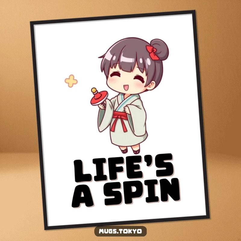 Funny yukata spinner poster, a character in a yukata gleefully spinning a top, a charming and humorous piece of art.