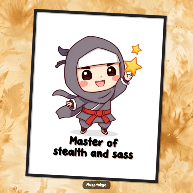 Funny Poster: A grinning ninja playfully tossing a throwing star, capturing a moment of action and mischief.