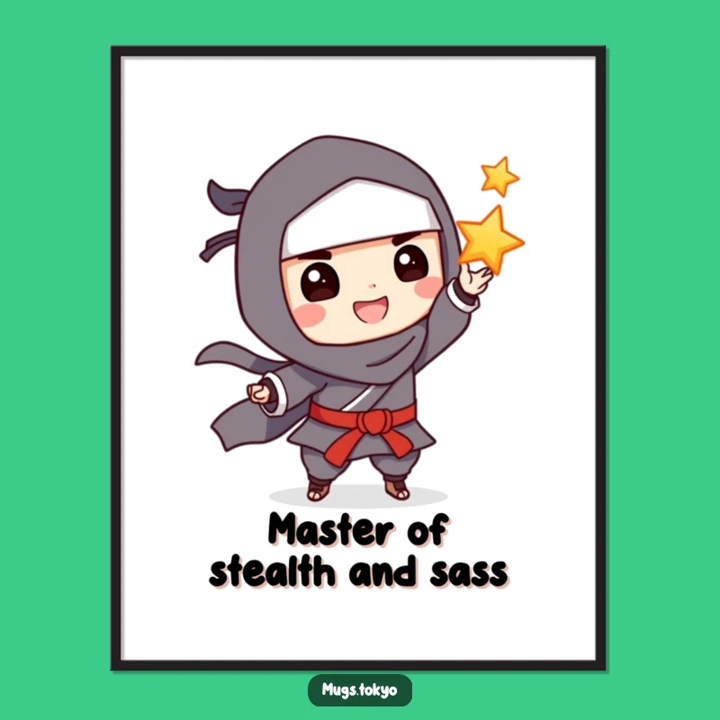 Funny Grinning Ninja Tossing Star Poster, Bold Funny Ninja Gift Decor