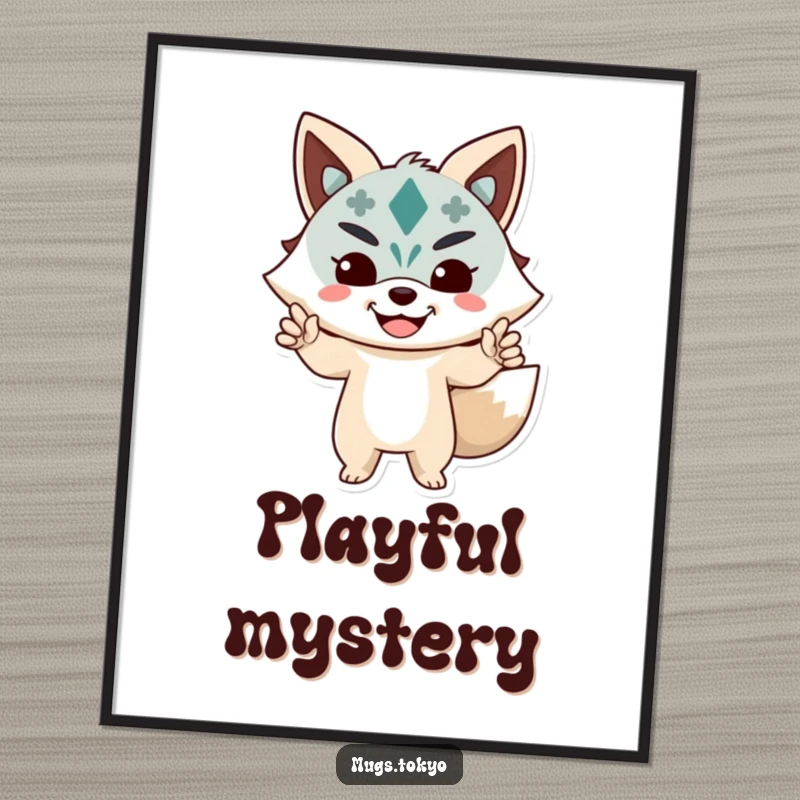 Funny Poster of a character striking a playful pose with a happy Kitsune mask, adding artistic humor.