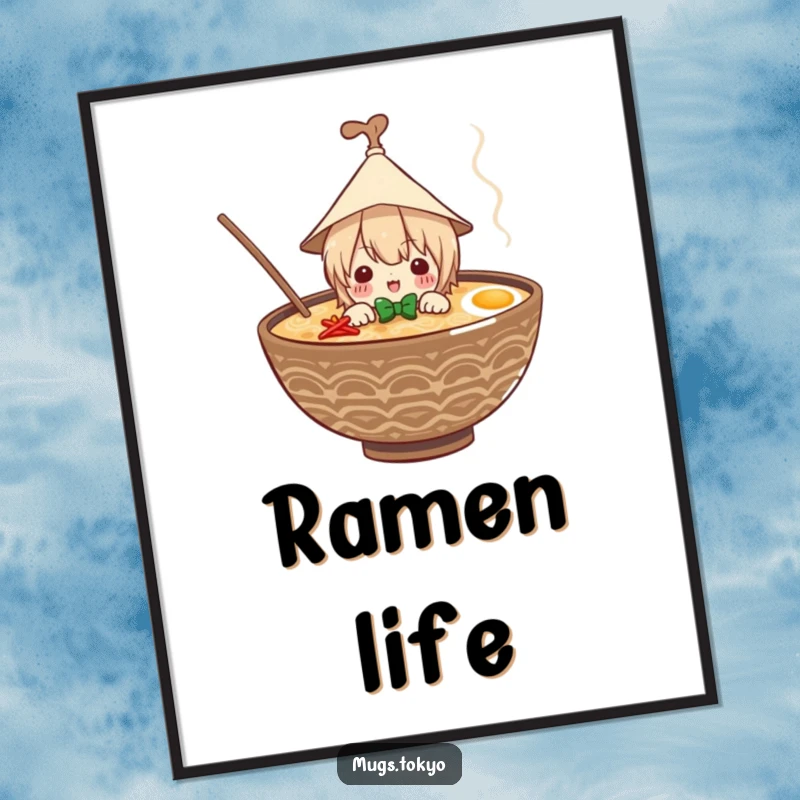 Funny poster print of a character in a tiny paper hat peeking from a ramen bowl, celebrating noodle soup with charm.