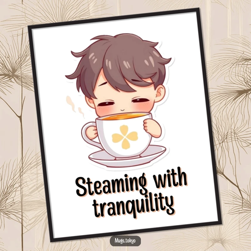 Funny poster depicting a character in a serene pose, sipping from a tiny, steaming tea cup.
