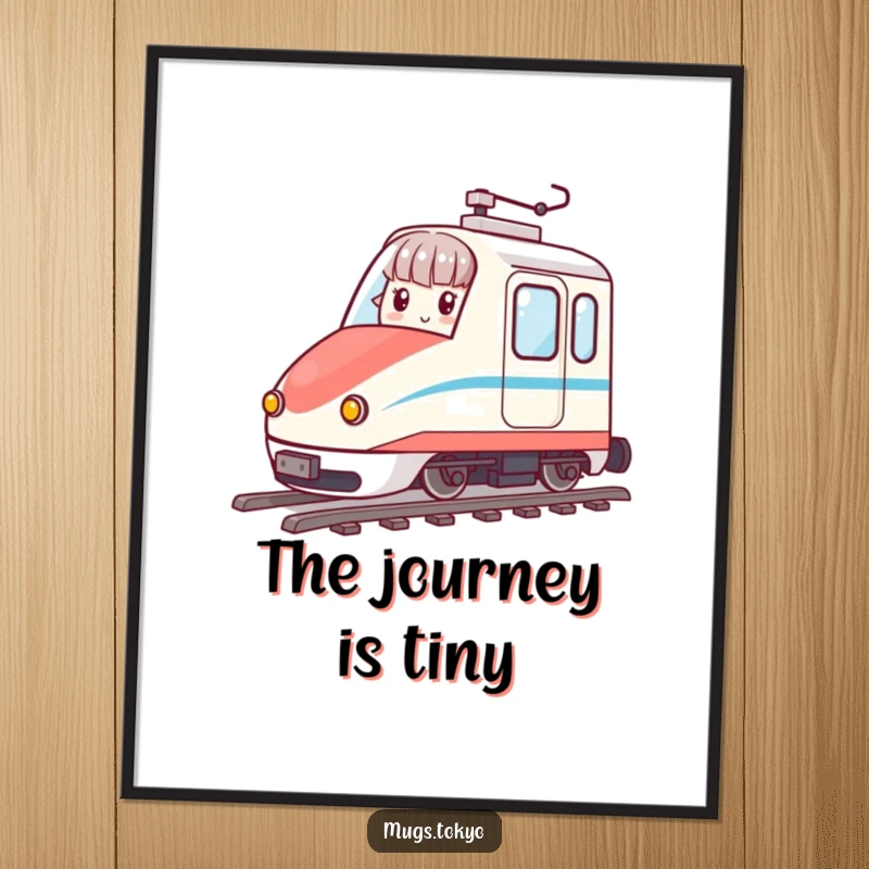 Funny bullet train poster displaying an animated character's delightful ride on a miniature, speedy train.