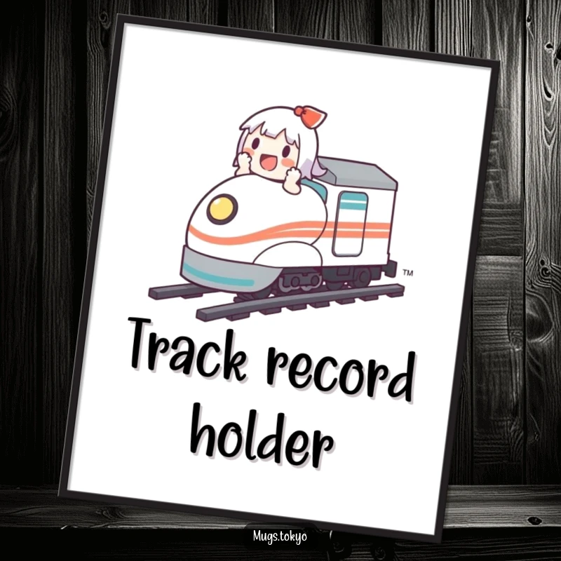 Funny poster depicting a cute character having an absolute blast while riding a tiny, fast bullet train.