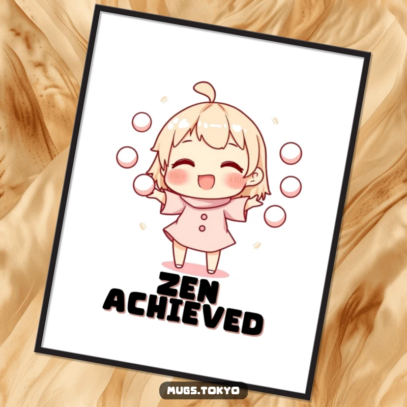 Funny poster depicting a character gleefully juggling a pile of small, round mochi balls, adding a touch of whimsy to any wall.