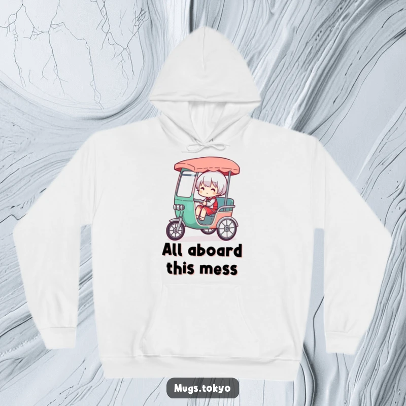 Funny hoodie showing a character comically overloaded in a miniature rickshaw, emphasizing the humorous weight of responsibility with cozy warmth.