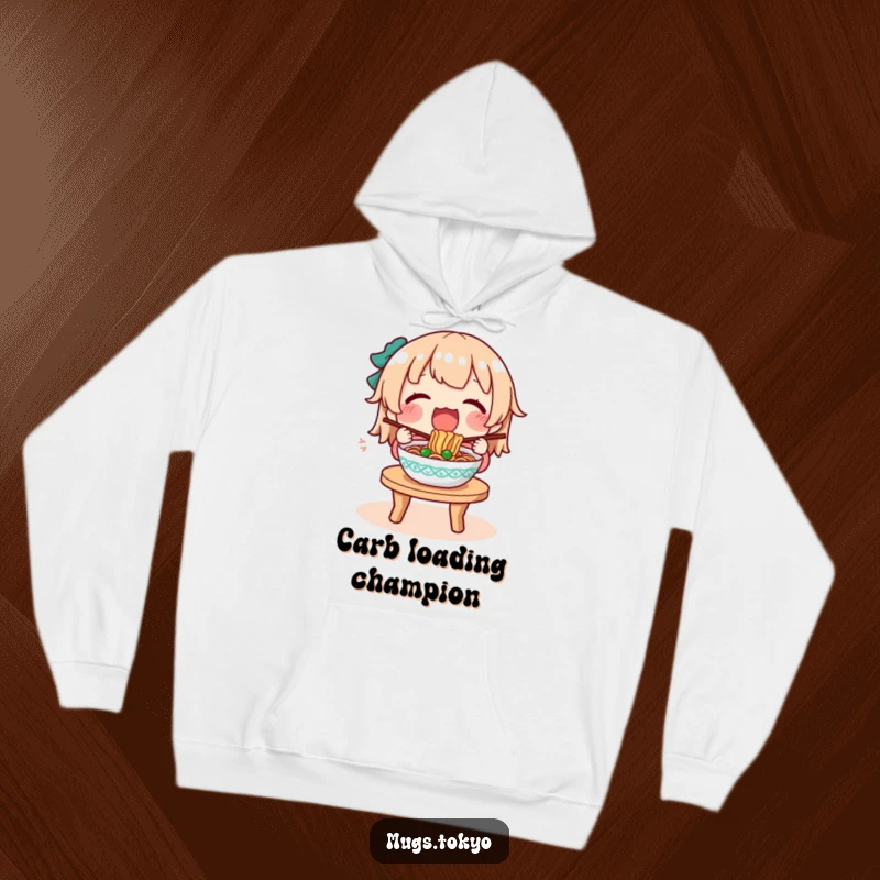 Funny hoodie featuring a character with eyes closed in delight, eating a steamy bowl of noodles at a small table.