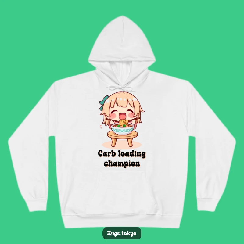 Funny Noodle Feast Hoodie: Character's Cozy Meal, Warm and Humorous