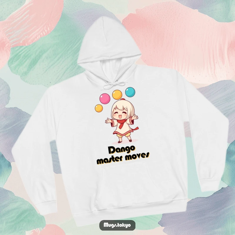 Funny hoodie depicting a character playfully juggling colorful dango balls, radiating cheerful and whimsical energy.
