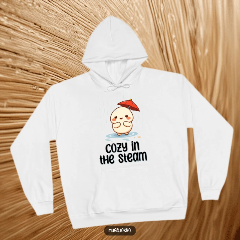 A warm hoodie with a funny cute dumpling character sheltering under a tiny red umbrella from rain.