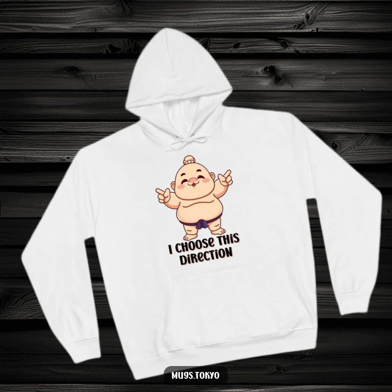 Funny hoodie featuring a sumo wrestler character playfully pointing, offering warmth and humor.