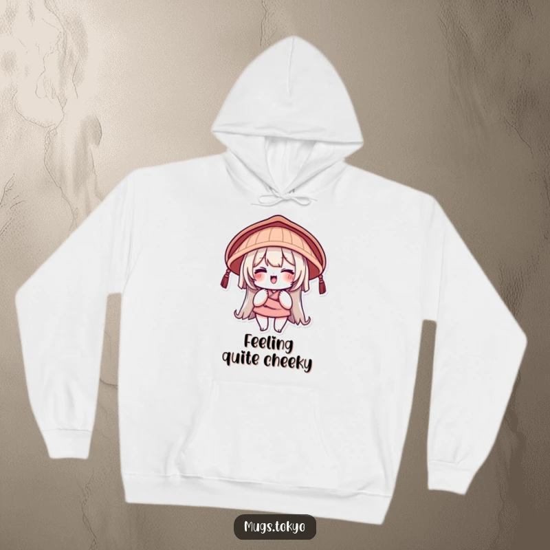 Funny Hoodie displaying a character in a traditional Japanese hat with a playful wink, offering warmth and a humorous gift option.