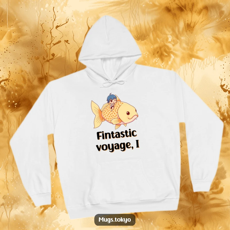 Funny hoodie depicting a small, cheerful character triumphantly riding a giant goldfish, perfect for cozy, humorous lounging.