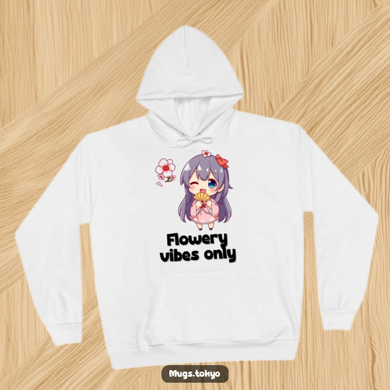 Funny cherry blossom fan hoodie with a delightful character joyfully waving a small fan featuring a beautiful cherry blossom motif, cozy and cheerful.