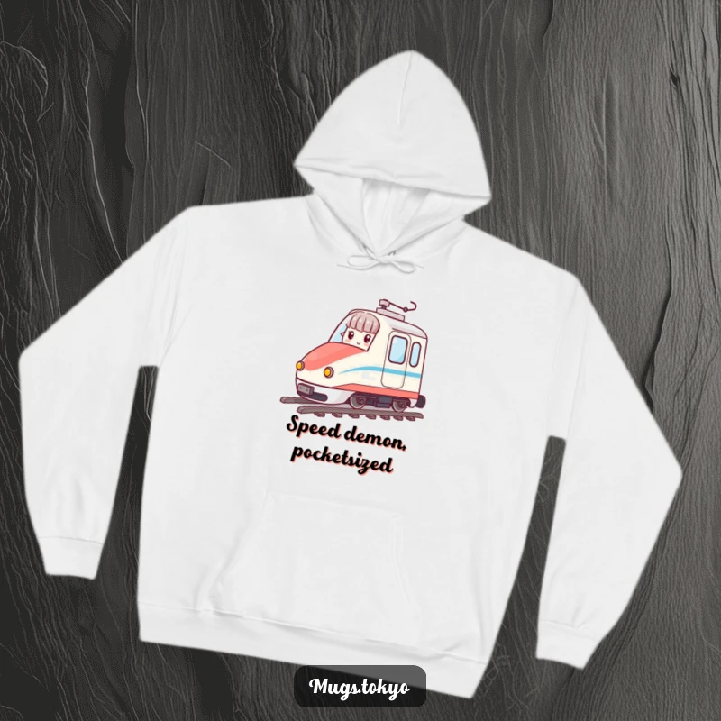 Funny hoodie showcasing a character on a miniature, high-speed bullet train, offering warmth and hilarious style.